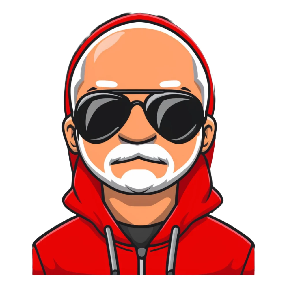 middle-aged man with minor hair growth on upper lip, black aviator sunglasses, red hoodie with hood covering head sticker