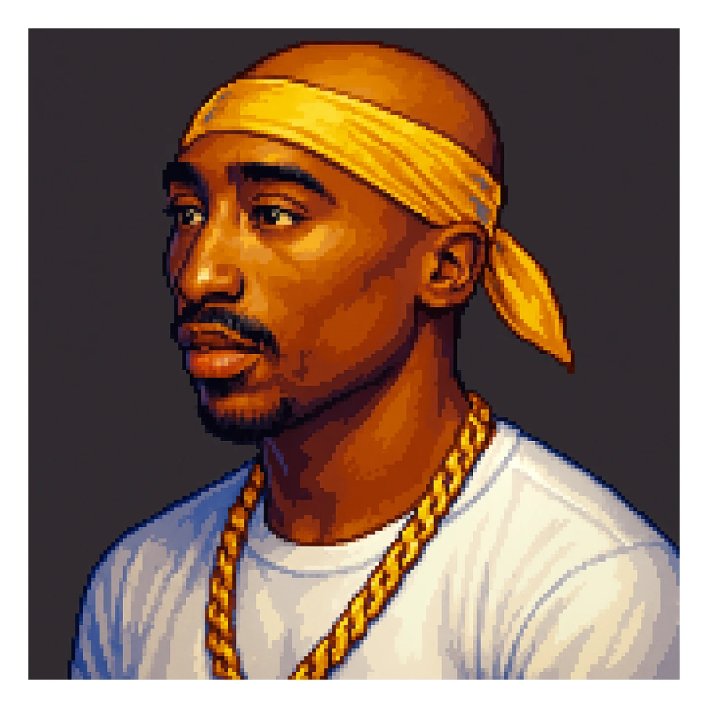 2Pac in the style of pixel art, three-quarter view, with a gold chain sticker