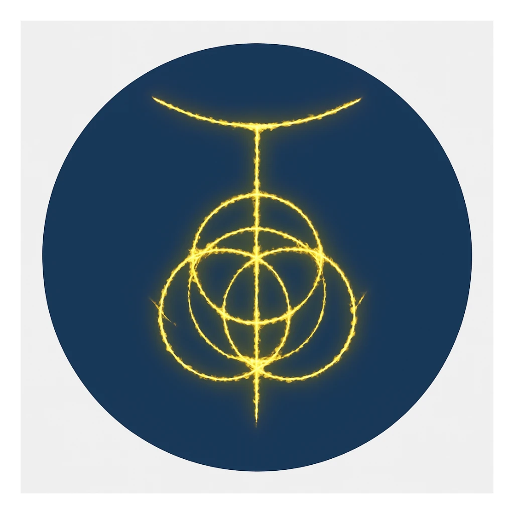 Place the glowing yellow Elden Ring symbol inside a clean, iconic, and modern dark blue circle background. The ring should remain bright yellow and glowing with no extra elements or text. The background can be solid or gradient dark blue circle, emphasizing a sleek and minimalistic style. sticker