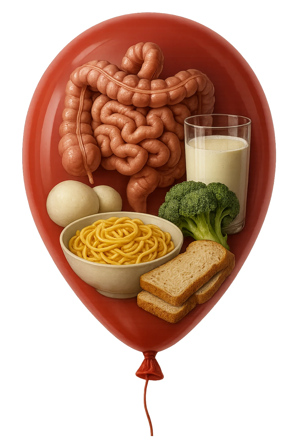 PALLONCINO ROSSO CON DENTRO UN INTESTINO UMANO, UNA MOZZARELLA, UN BICCHIERE DI LATTE, UNA BOWL DI PASTA, QUALCHE BROCCOLO, QUALCHE FETTINA DI PANE sticker