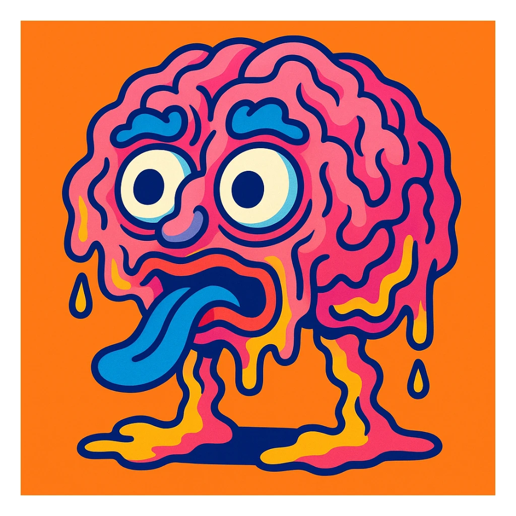 brainrot, surreal and humorous, exaggerated brain with cartoonish features, melting or distorted, vibrant colors, playful and absurd sticker