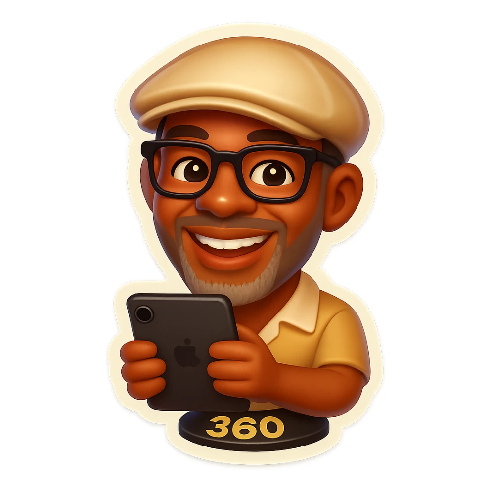 Create a rounded, expressive emoji of a man wearing a Kangol hat, glasses, and grey beard stubble. He is standing on a 360 booth holding an iPad as the camera. The style should be consistent with retro stickers emoji style. sticker