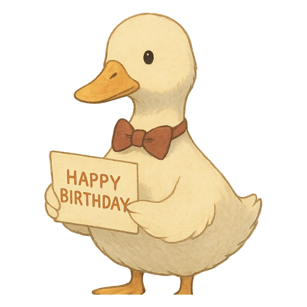 duck with bowtie holding birthday card, soft Ghibli style sticker
