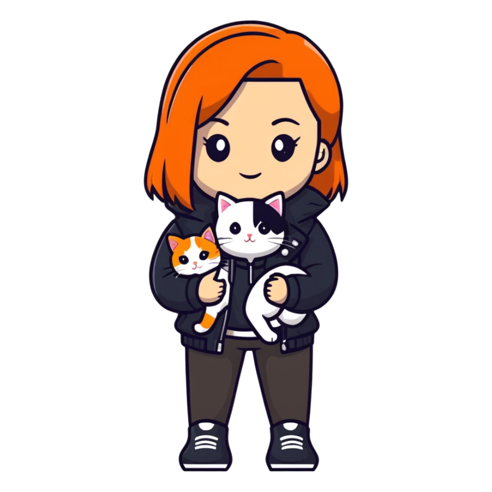 Light-skinned girl with brown straight hair wearing a black jacket, holding one pure white cat and one calico cat with orange black patches sticker