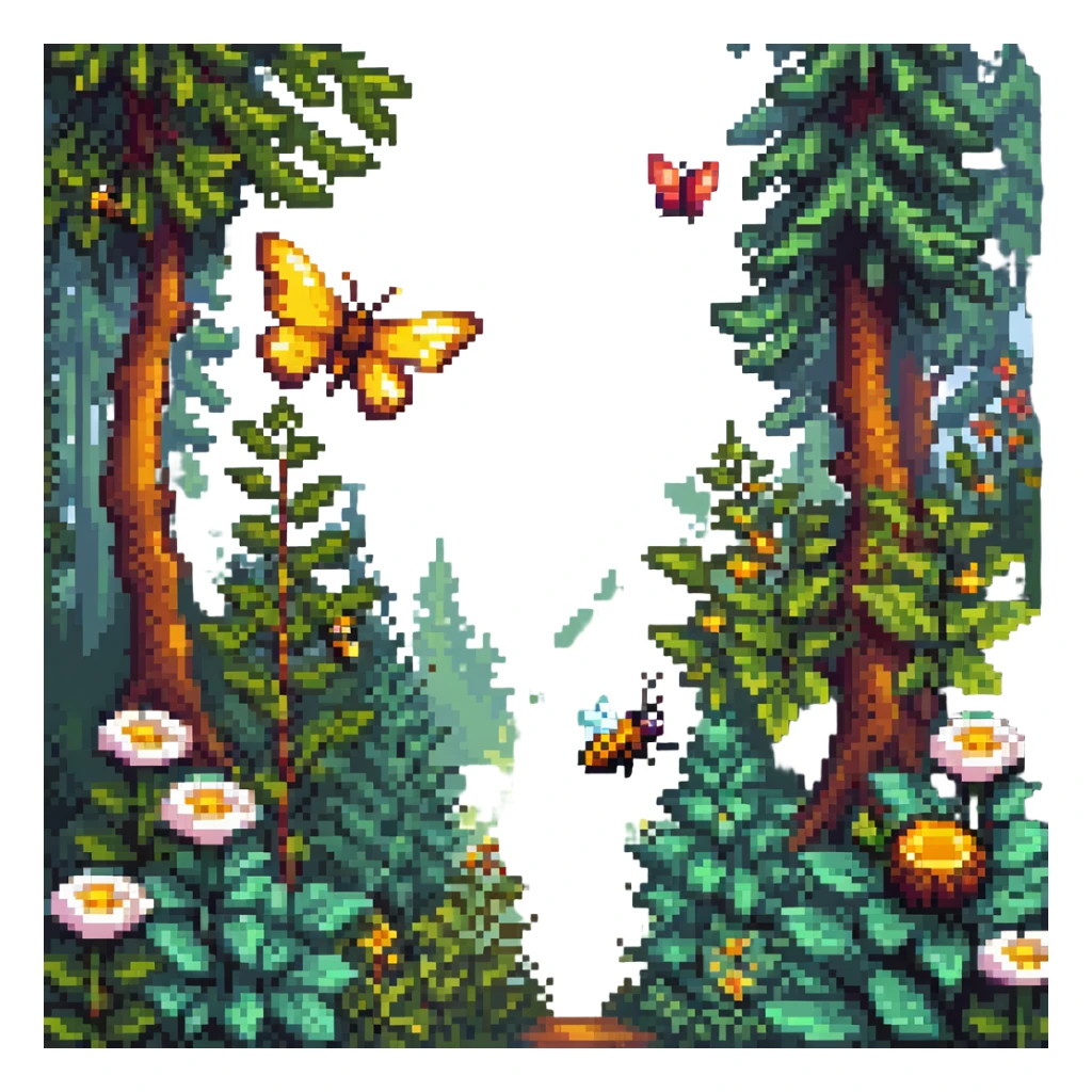 pixel art of a butterfly and bee among trees and plants, forest background sticker