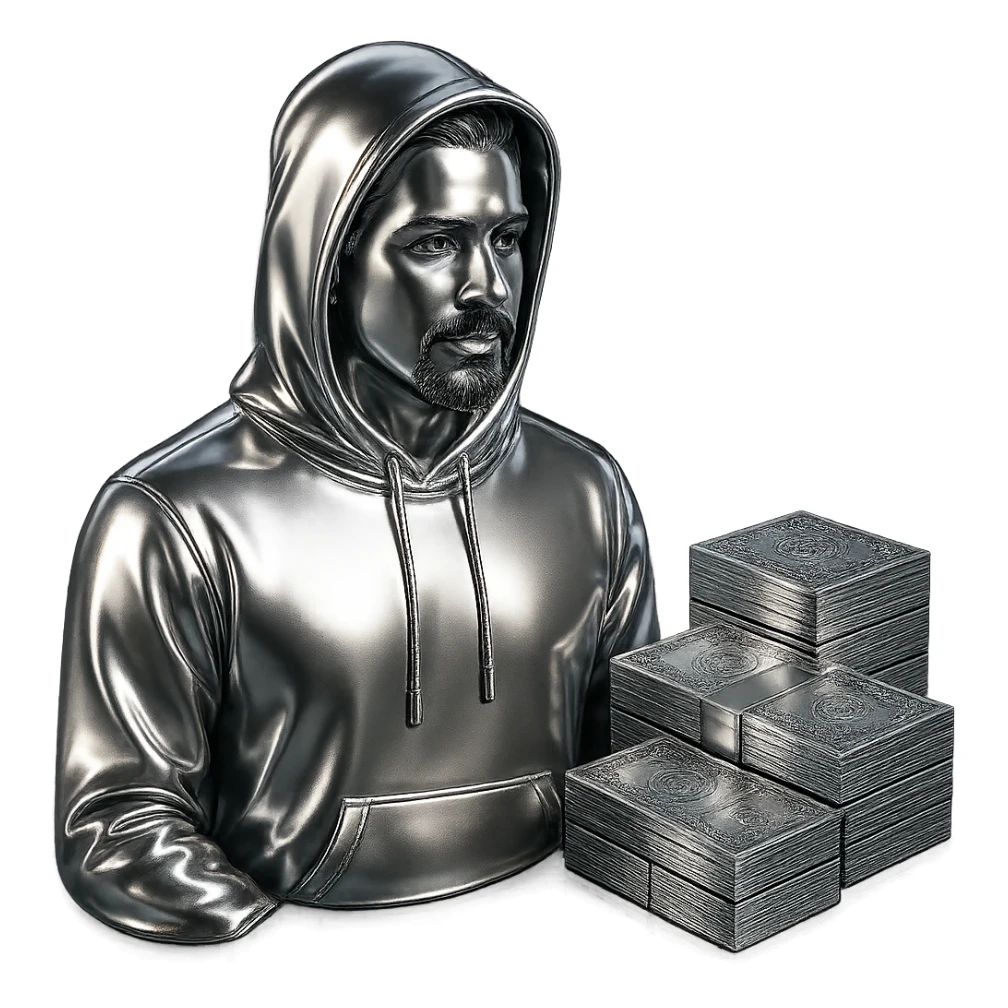 Edit the Indian man to wear a hoodie with a chrome hood, keep his goatee, add money on the side, and make the AMG car chrome. Keep the background transparent. sticker