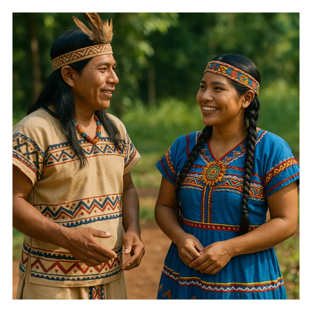 A friendly scene of an indigenous man and woman from Costa Rica conversing, both wearing traditional indigenous clothing with cultural details reflecting Costa Rican indigenous identity. sticker