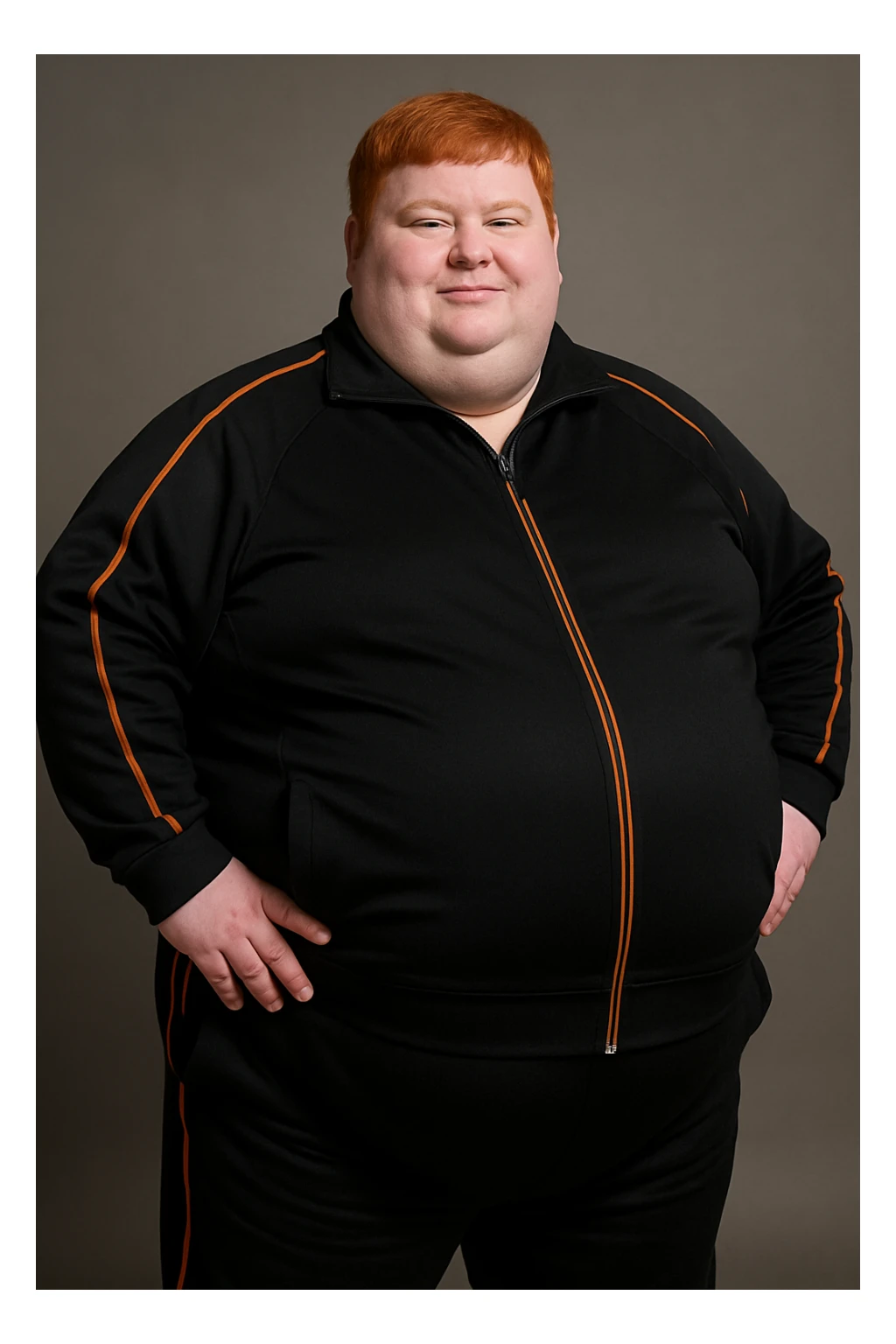 Extremely fat man with orange hair wearing black tracksuit with orange lines sticker