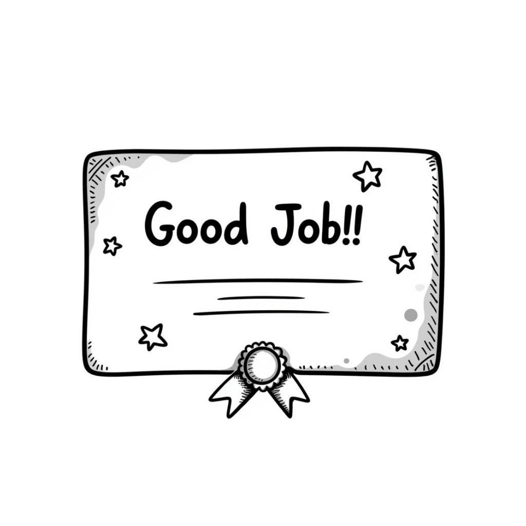 Simple diploma-style certificate with "Good Job!" text and star decorations sticker