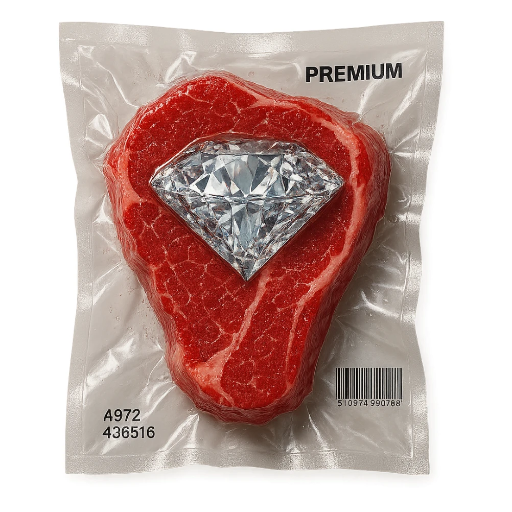 meat steak with sparkling diamond facets, glossy and puffy, vacuum-sealed style sticker