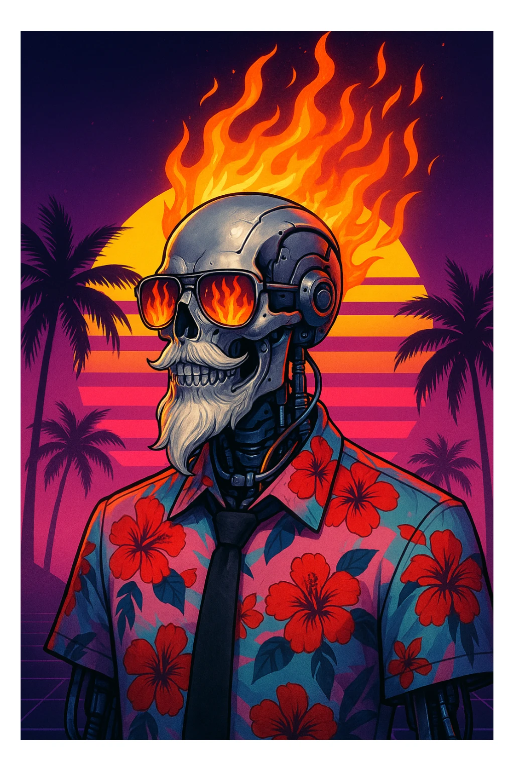 A cybernetic humanoid skeleton with a metallic silver skull, visible mechanical components, and a stylized white beard. The figure wears reflective sunglasses showing flames, with vivid orange and red flames erupting from the head like a mane. Dressed in a Hawaiian shirt with red hibiscus flowers on a pink and blue gradient, and a black tie. Mechanical parts and glowing tubing are visible under the collar. Background: synthwave sunset with a large stylized sun, neon gradients, and silhouetted palm trees. Style: cyberpunk, vaporwave, retrofuturism. sticker