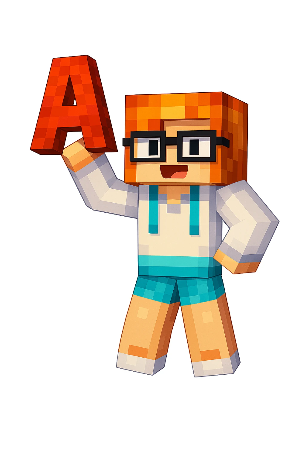 Edit the image to make the character hold the letter A in their hand, keeping the original Minecraft cartoon style and pose. Only add the letter A, do not change anything else. sticker