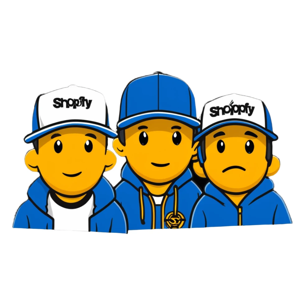 the Beastie Boys wearing hats with the Shopify logo sticker