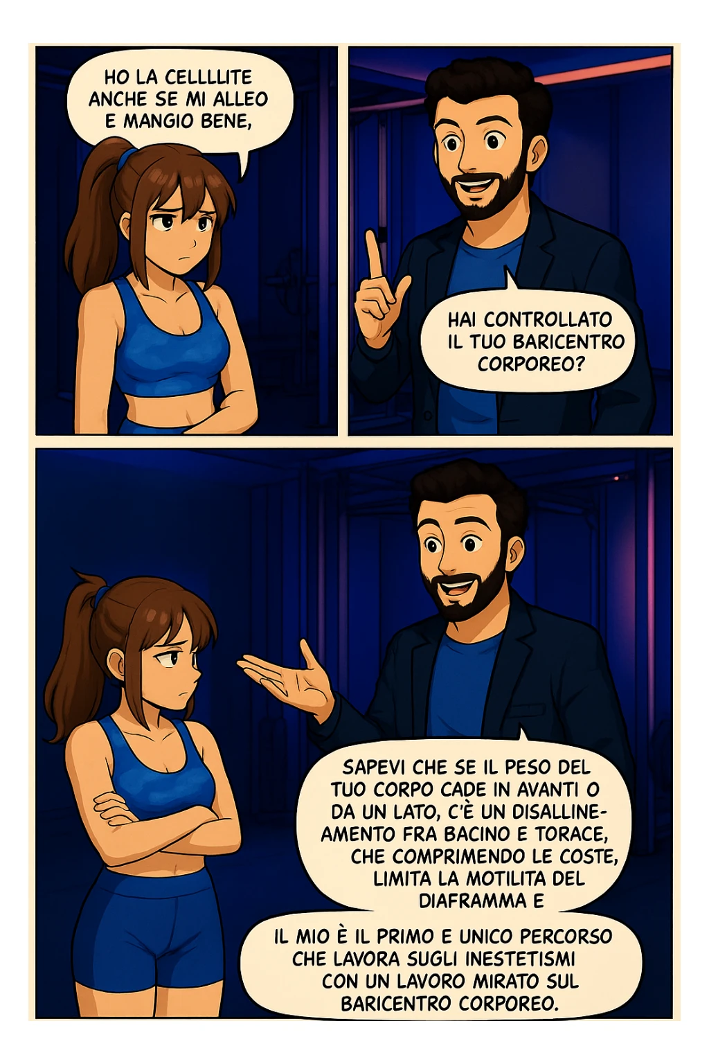 PRENDI SPUNTO DA QUESTO STILE FACENDO UN WEBTOON/MANGA:

LEI (DONNA): Ho la cellulite anche se mi alleno e mangio bene, cosa posso fare?

LUI (UOMO): Hai controllato il tuo baricentro corporeo?
LUI (UOMO): Sapevi che se il peso del tuo corpo cade in avanti o da un lato, c’è un disallineamento fra bacino e torace, che comprimendo le coste, limita la motilità del diaframma e l’ossigenazione dei tessuti?
LUI (UOMO): Il mio è il primo e unico percorso che lavora sugli inestetismi con un lavoro mirato sul baricentro corporeo. sticker