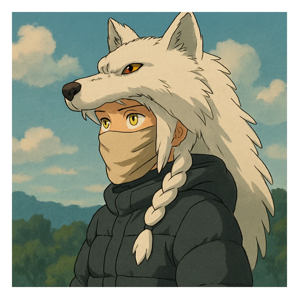 1 female, gold yellow eyes, white hair with a single long braid, wolf headdress, rag face covering, dark colored puffer parka, gazing into the distance sticker