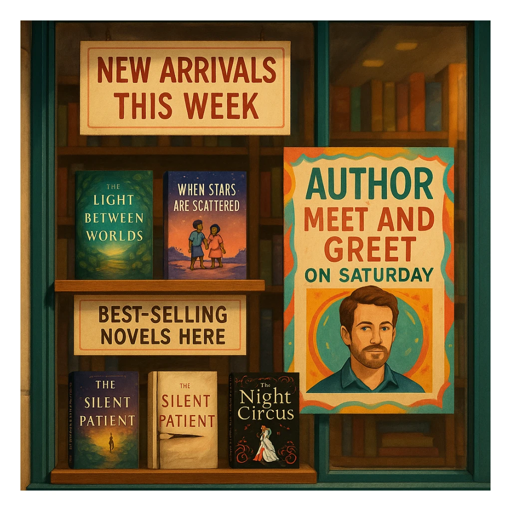 Bookstore window display. A sign displays “New Arrivals This Week”. Below, a shelf tag with the text “Best-Selling Novels Here”. To the side, a colorful poster advertises “Author Meet And Greet on Saturday” with a central portrait of the author. There are four books on the bookshelf, namely “The light between worlds” “When stars are scattered” “The slient patient” “The night circus” sticker