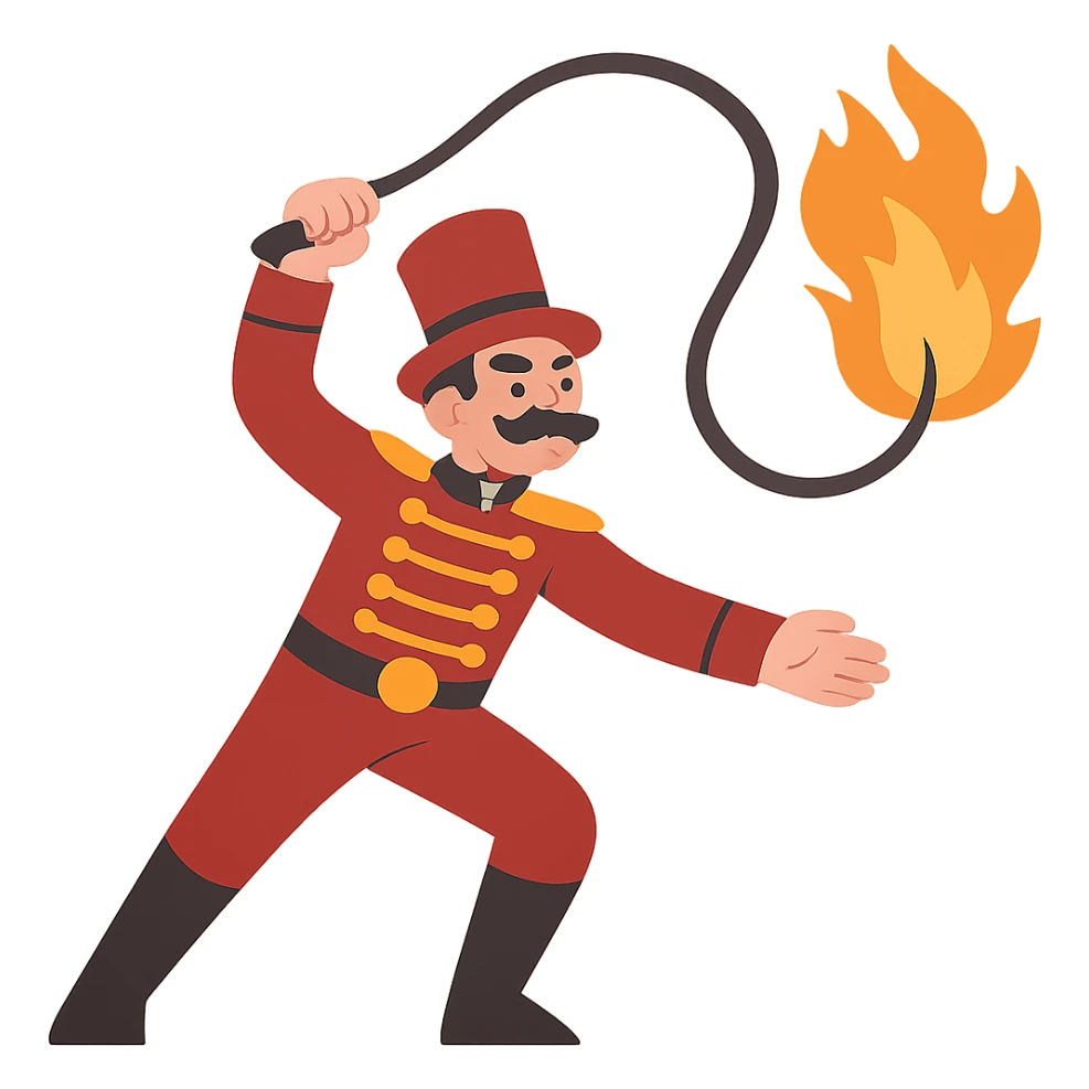 flat toon style vintage circus performer with a fire whip, no background sticker