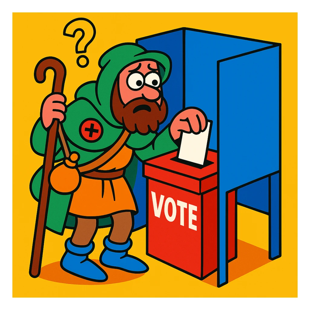 medieval pilgrim at a voting booth, looking confused and silly, vibrant toon style sticker
