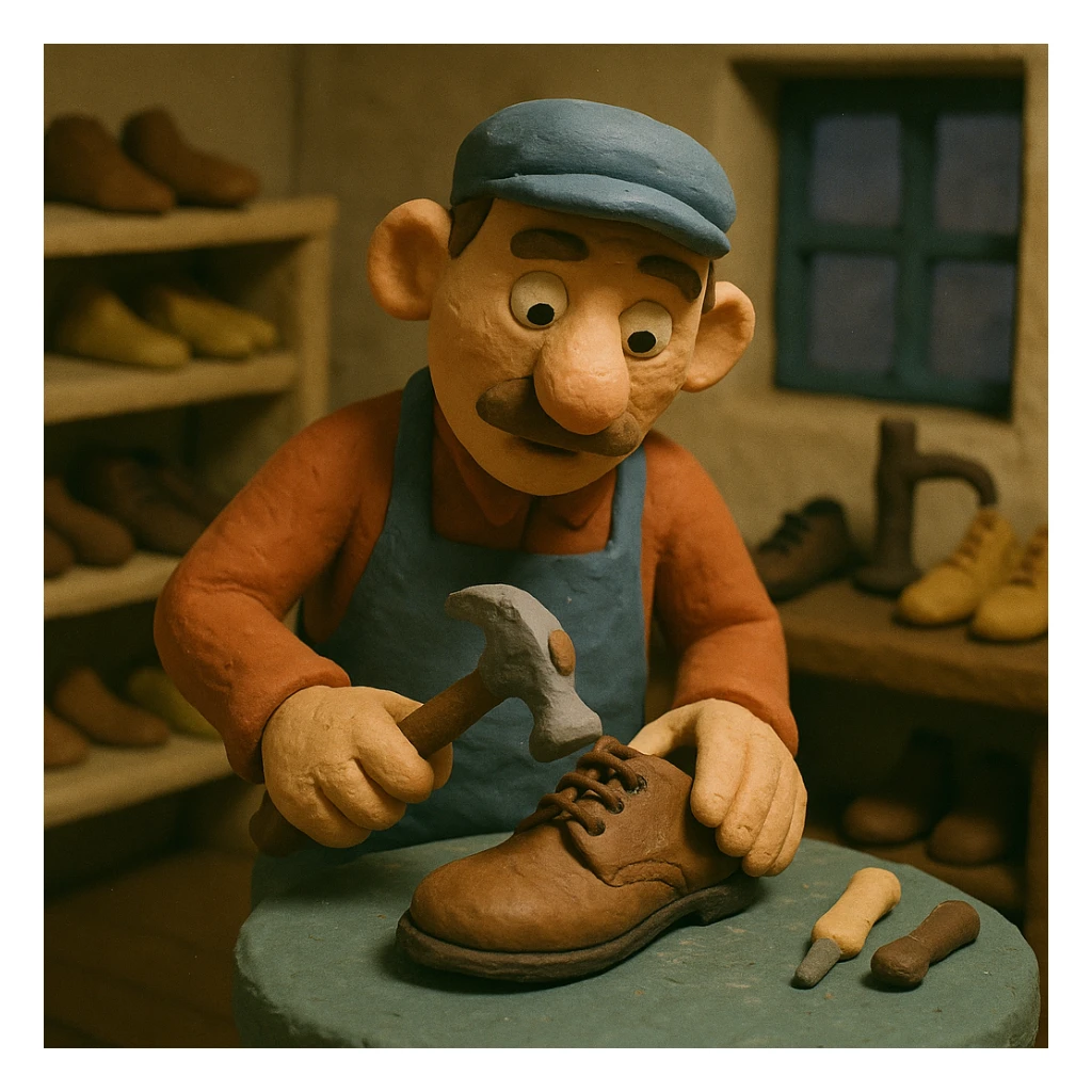 shoemaker in an old-fashioned workshop, claymation style sticker