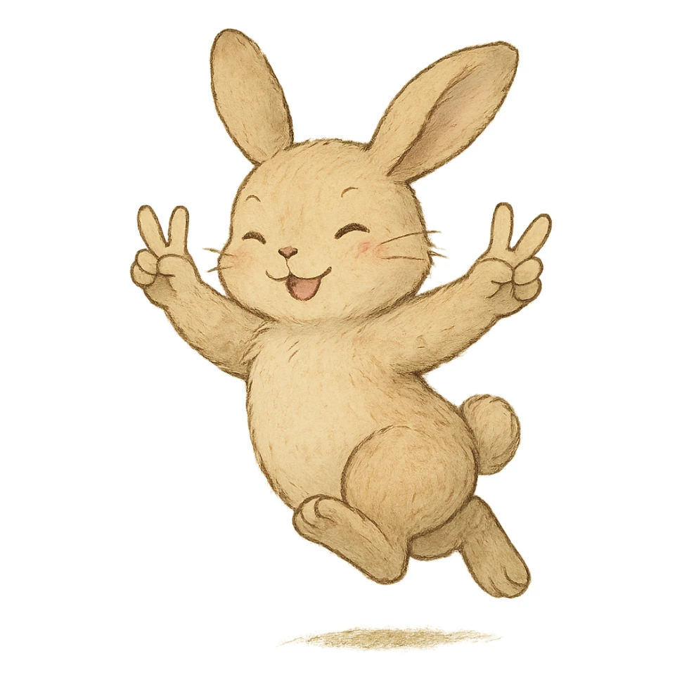 beige bunny jumping and making peace signs, soft, detailed, ghibli style sticker