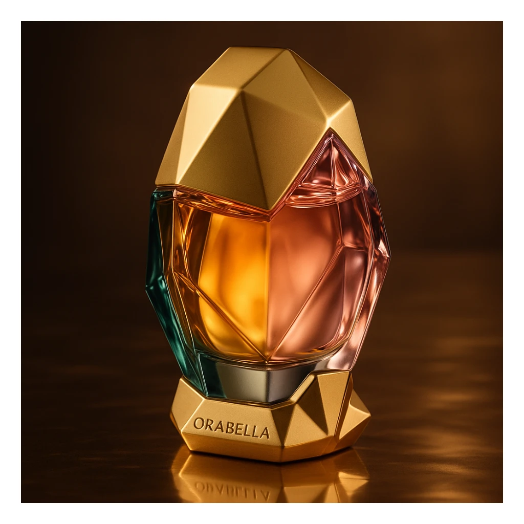 Create a cinematic, realistic 3D rendering of the Orabella fragrance bottle, matching the real design and colors, with elegant lighting and a luxury product photography style. Focus on high detail and premium presentation. sticker