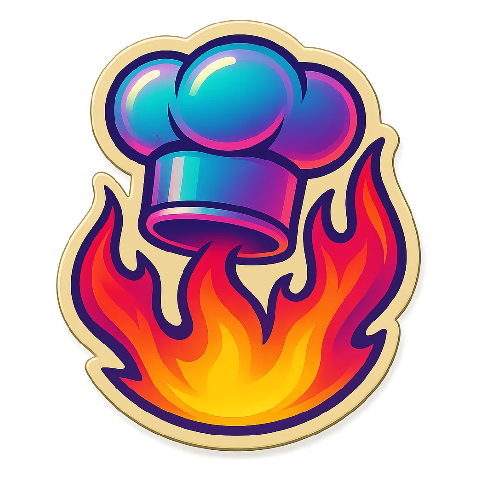 chef's hat with a trail of fire emoji, playful, synthwave colors, vibrant, matching style reference file
 sticker