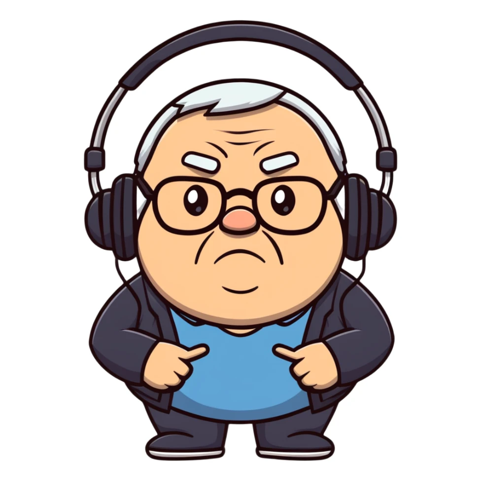 Brown old man with medium white hair, wearing glasses and headphones, looking surprised and angry, no facial hair, chubby, looking to the upper left corner sticker