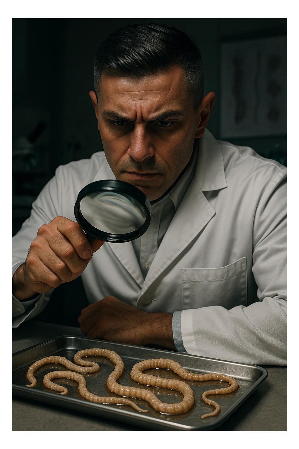 A middle-aged male kinesiologist wearing a pristine white lab coat, intensely analyzing long, beige tapeworms (like Taenia) under a magnifying glass. His expression is focused and slightly concerned, with dramatic studio lighting casting sharp shadows. The parasites are highly detailed, moist, and textured, stretched across a sterile metal tray. The background is blurred but suggests a clinical environment—hints of a microscope, medical charts, and clean lab equipment. The style is hyper-realistic, with a cinematic contrast between the bright white coat and the grotesque, organic forms of the parasites. No sci-fi elements, just raw medical realism with a disturbing edge sticker