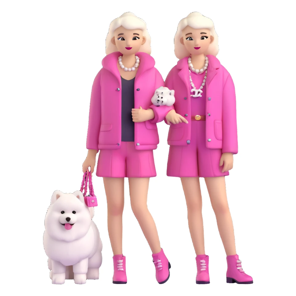 girl in pink Chanel-style outfit with white Samoyed dog sticker
