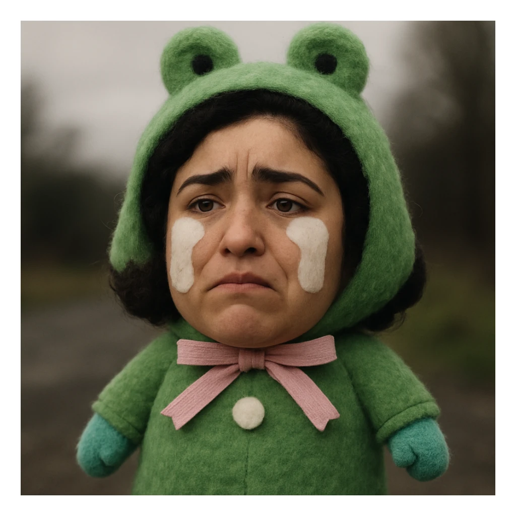 Replace the face of the green-costumed character with the face from the uploaded photo, keeping the plush toy style and the crying expression. sticker
