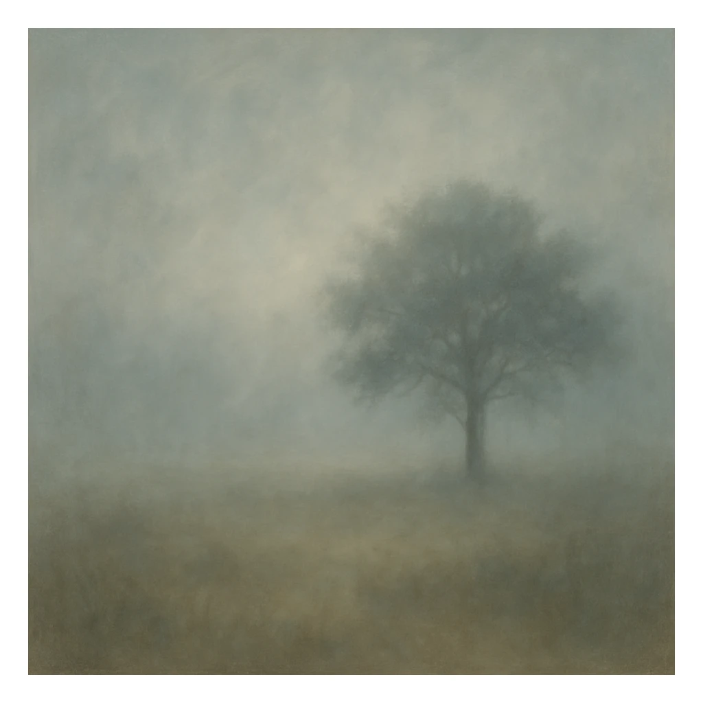 A foggy landscape with a lone tree standing in a field, foggy style. sticker