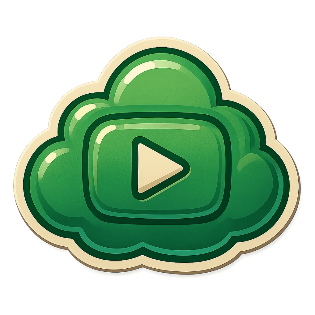 A cloud with a YouTube play button symbol inside it, representing views on YouTube, in a colorful and vibrant emoji style with a green color scheme and a nature background sticker