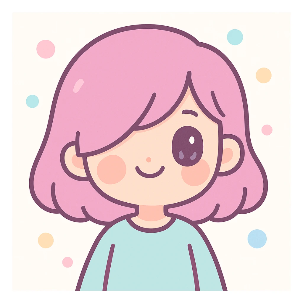 a cheerful girl with side-swept bangs hiding one eye, modern cartoon style, smiling sticker