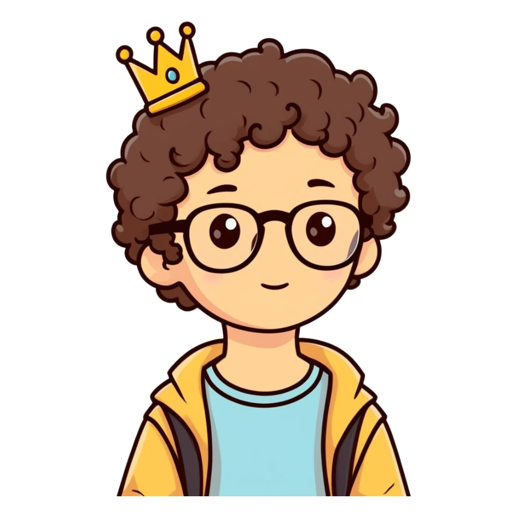 Brown eyed curly hair boy with crown and glasses sticker