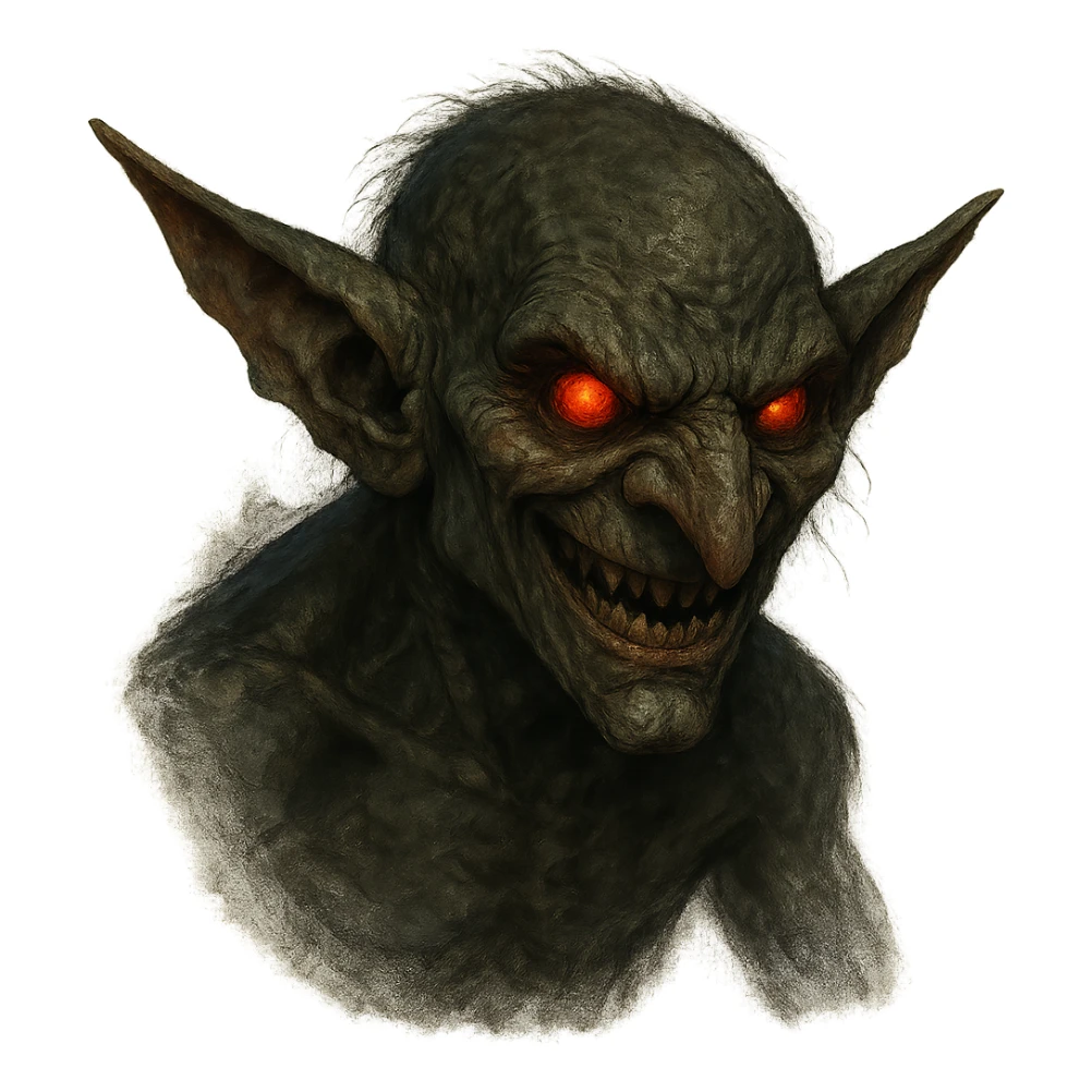 evil goblin, glowing red eyes, sneering face, fantasy style sticker