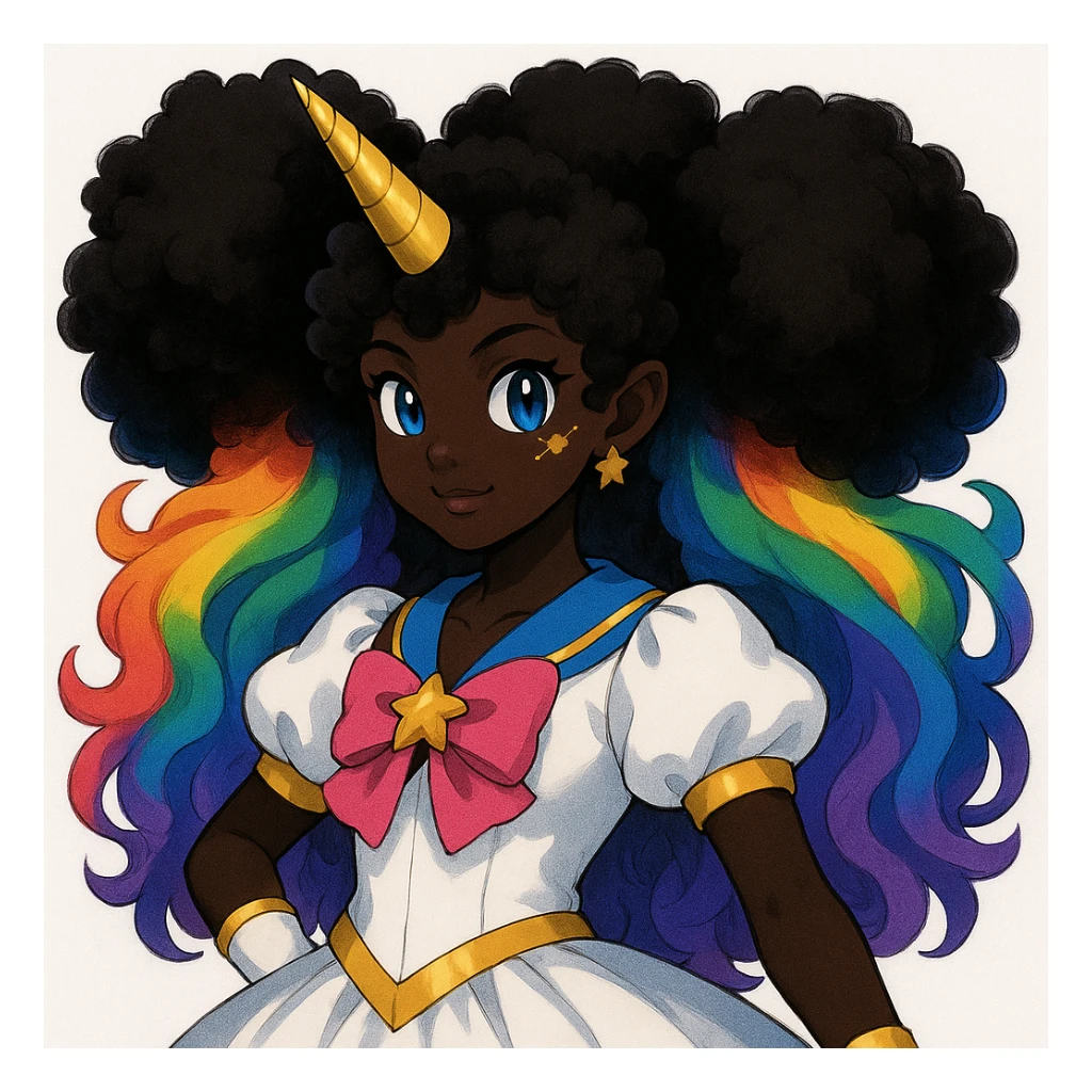 Change the character's skin to a deep black tone and give her fluffy, voluminous hair while keeping the rainbow hair, gold unicorn horn, blue eyes, and star freckles. Maintain the original style and details. sticker