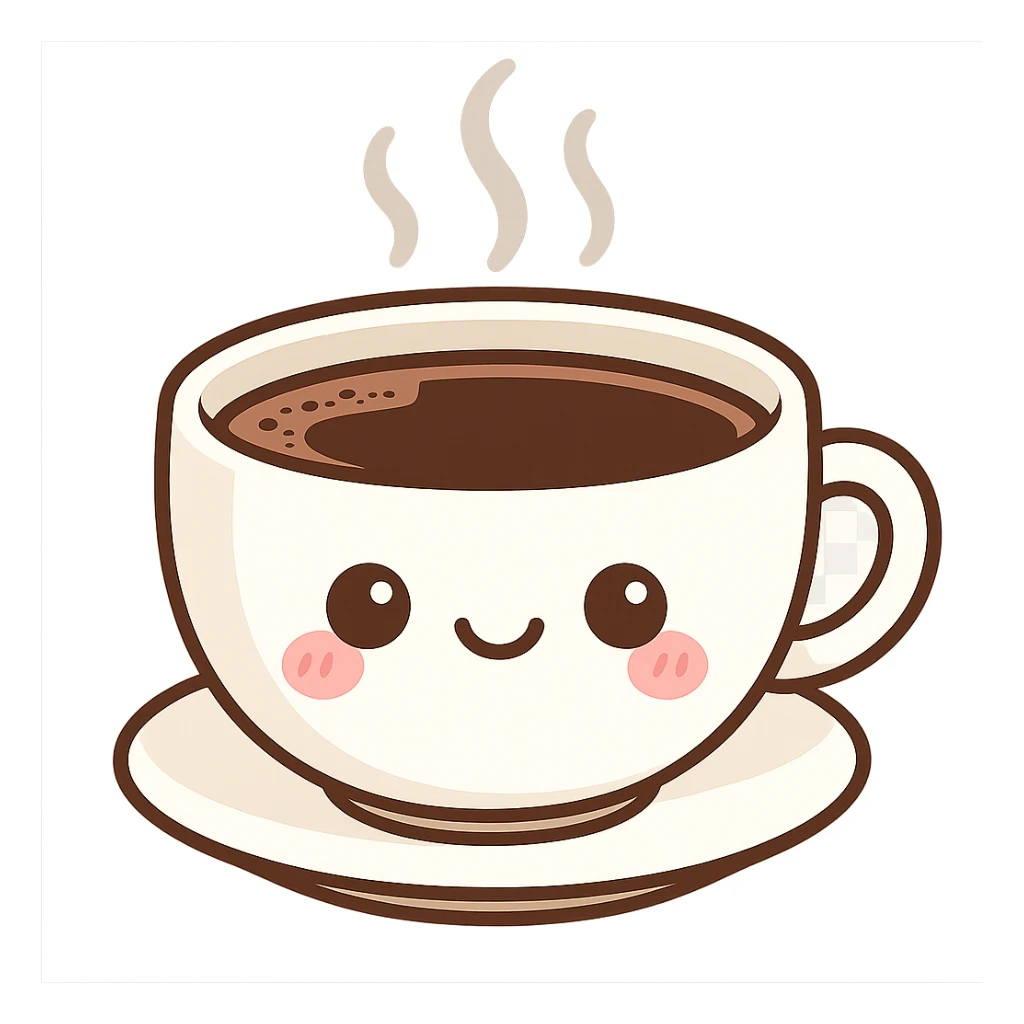 kawaii style cup of coffee with a cute smiling face, blushing cheeks, and steam rising sticker
