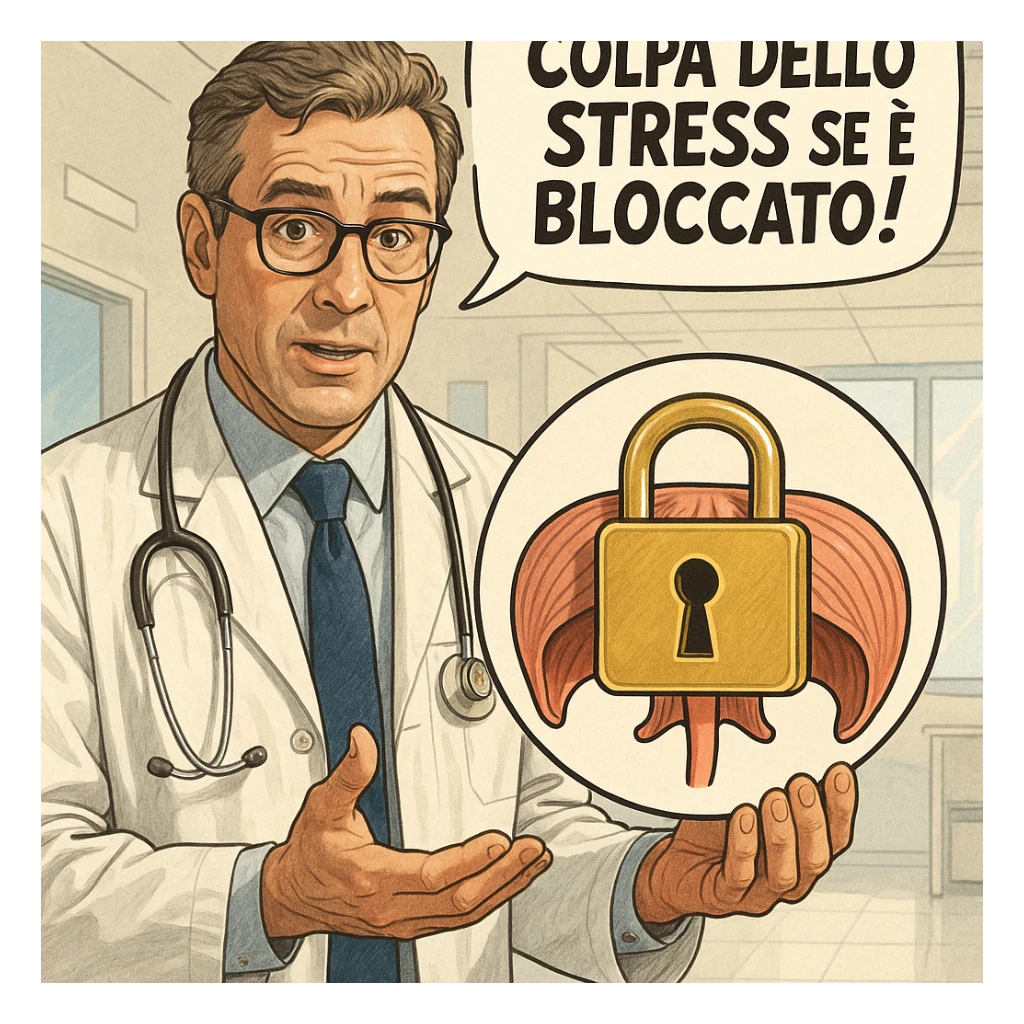 hyper realistic doctor holding a stylized diaphragm with a large padlock, explanatory expression, comic style with the phrase 'Colpa dello stress se è bloccato!', realistic details, bright clinical atmosphere sticker