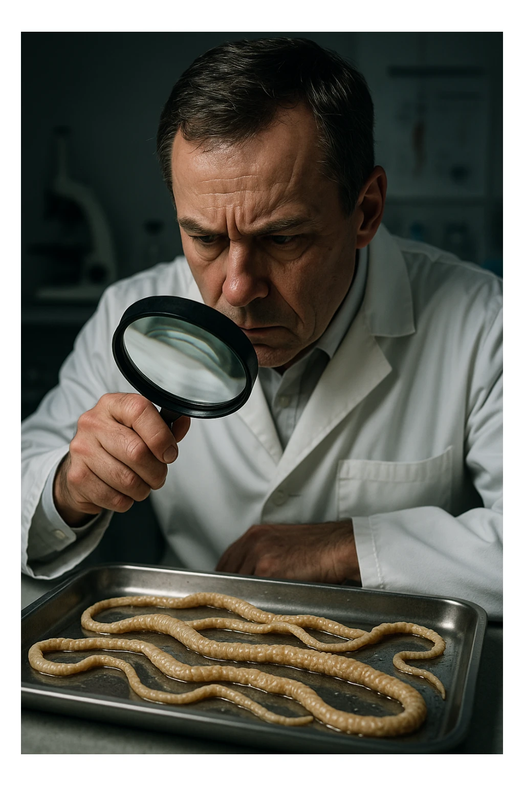 A middle-aged male kinesiologist wearing a pristine white lab coat, intensely analyzing long, beige tapeworms (like Taenia) under a magnifying glass. His expression is focused and slightly concerned, with dramatic studio lighting casting sharp shadows. The parasites are highly detailed, moist, and textured, stretched across a sterile metal tray. The background is blurred but suggests a clinical environment—hints of a microscope, medical charts, and clean lab equipment. The style is hyper-realistic, with a cinematic contrast between the bright white coat and the grotesque, organic forms of the parasites. No sci-fi elements, just raw medical realism with a disturbing edge sticker