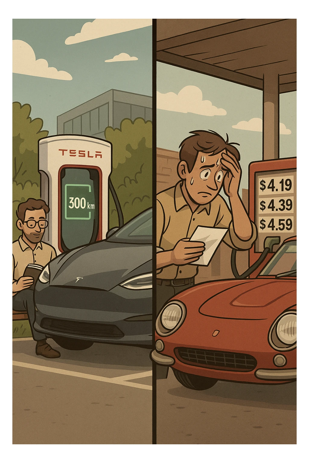 "Tesla Model S at charging station with owner reading book peacefully, battery indicator showing sufficient charge for 300km journey, versus vintage Italian sports car at gas station with owner anxiously calculating fuel costs, pump prices visible showing expensive gasoline, stress lines on traditional car owner's face, modern vs classic automotive philosophy clash" sticker