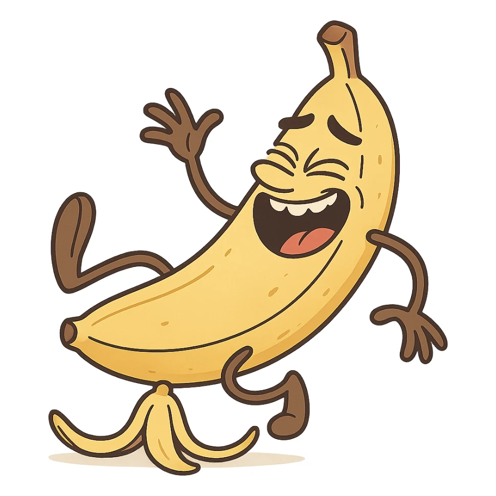 a laughing banana slipping on a peel, cartoon style sticker
