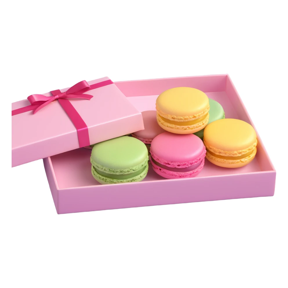 macaron gift box, various colors, iOS 3D emoji style, high detail, glossy finish, cute and appealing, premium feel sticker
