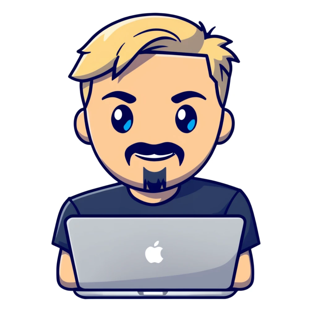young blond male, blue eyes, modern hairstyle with fringe, sly proud smile, thin blonde mustache and sharp goatee, working on MacBook, clean and stylish, tech professional sticker