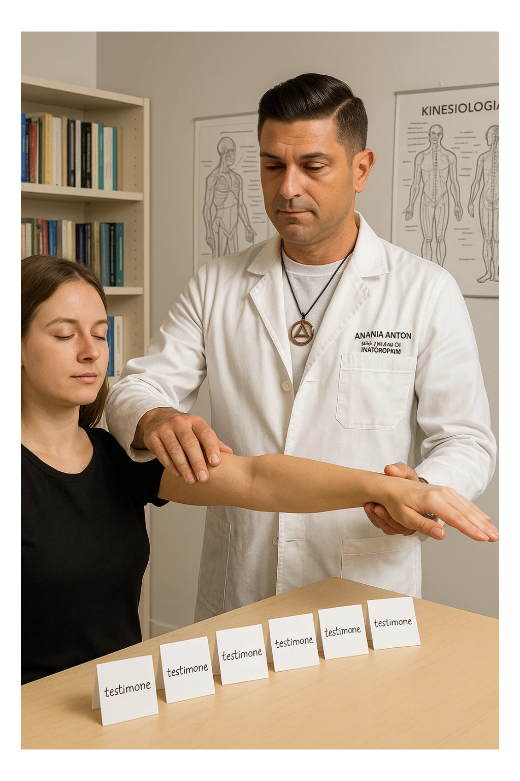 a middle-aged man in a calm, well-lit studio, wearing casual professional attire, performs a classic muscle test on a client’s outstretched arm. On a nearby table, there are small envelopes or vials labeled “testimone” representing samples or objects connected to a distant person. The atmosphere is focused and serene, with books and charts about kinesiological techniques in the background. sticker