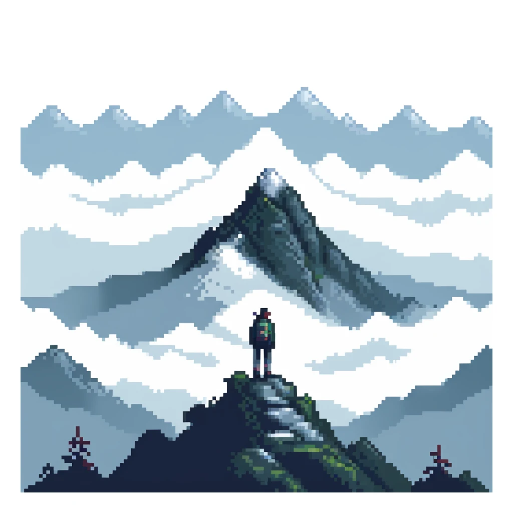 traveler standing on mountain peak surrounded by mist sticker