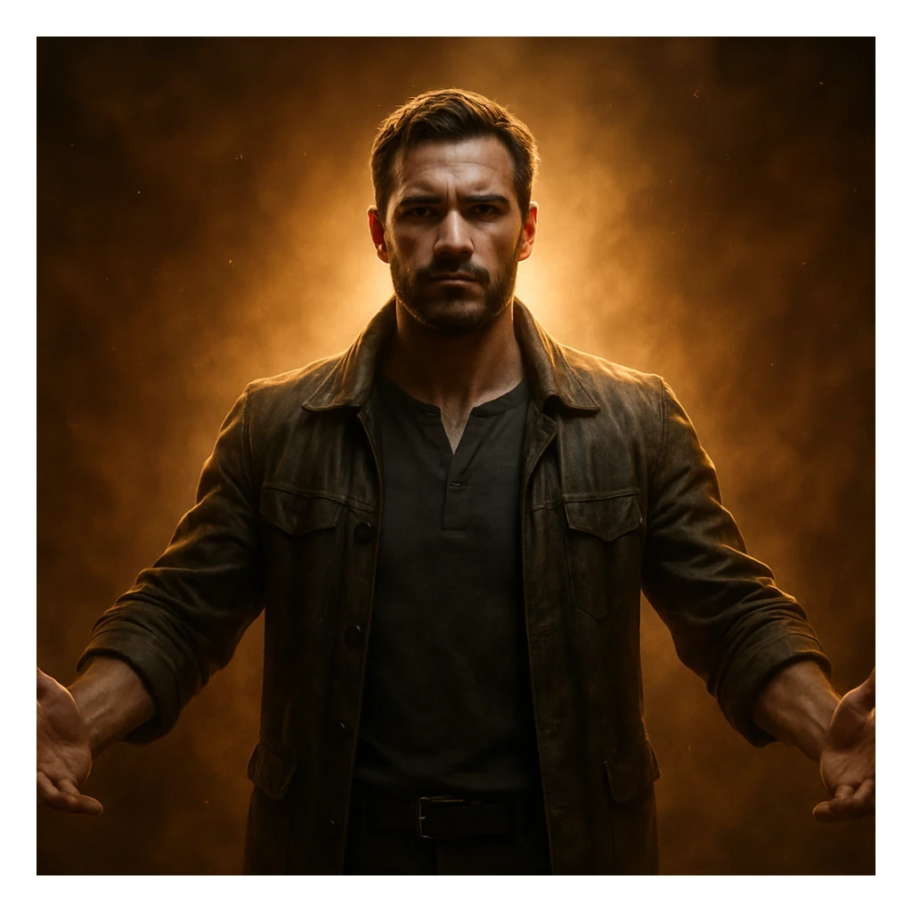 hyper realistic 4K cinematic image of a man with a powerful, protective aura, standing tall, open arms, dramatic warm lighting sticker