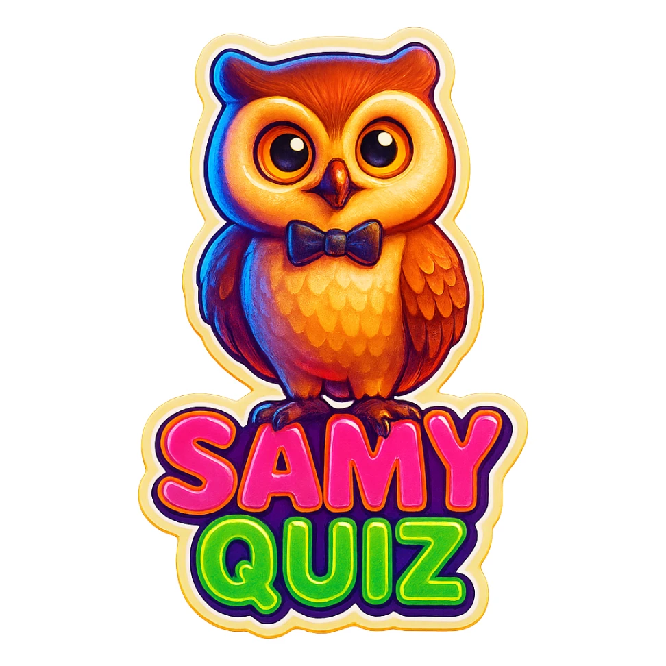 Make the owl with bow and the text 'SAMY QUIZ' identical to the reference image but increase the color intensity to make them more vivid and eye-catching. Do not change anything else. Keep the background transparent. sticker