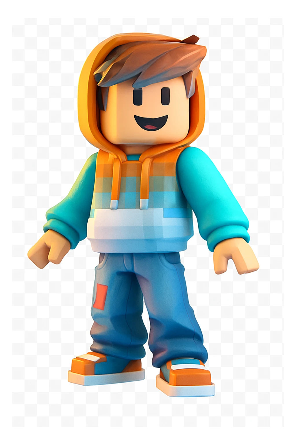 Edit the character in the original Roblox style with a happy expression, keeping the original Roblox style and background. sticker