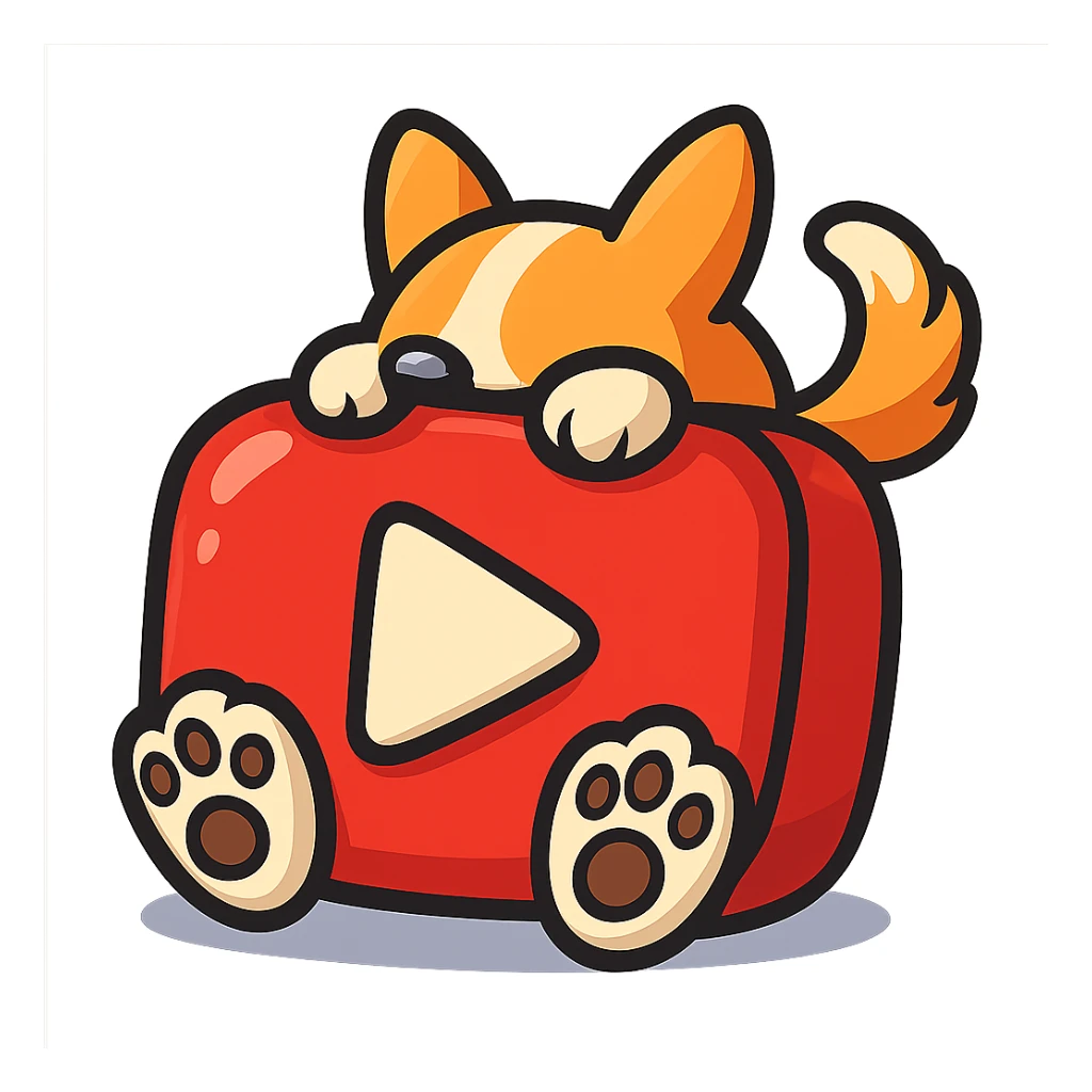 YouTube logo icon with a cute corgi's paws and tail peeking from behind the logo, or the corgi itself playfully interacting with the logo, colorful, simple, no gradients, bold clear outlines, expressive shadows and highlights to create volume, plump vector-like style with strong sense of 3D form sticker