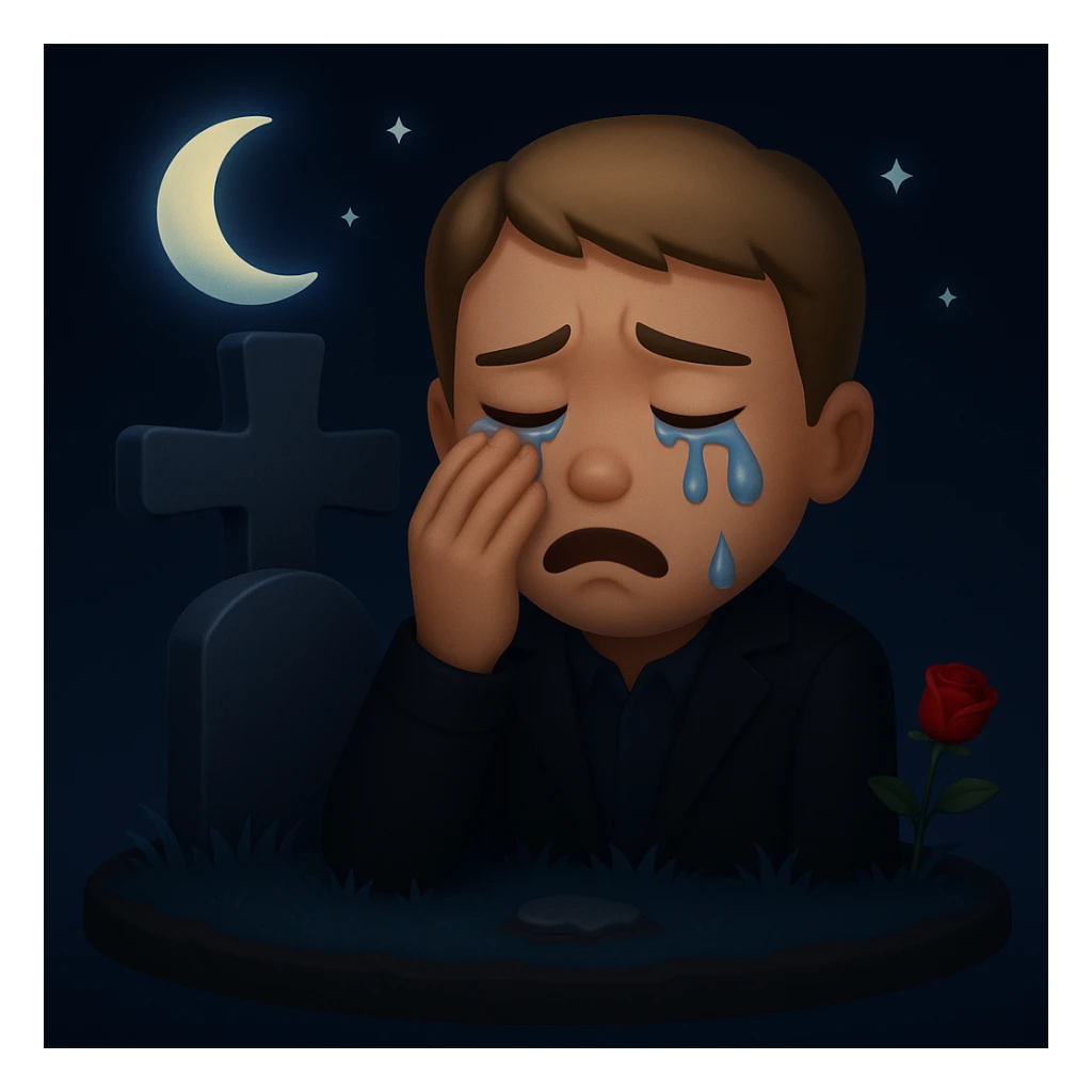 Make the scene night time with a man crying over a grave in the style of apple emojis. Focus on the night atmosphere and emotional expression, keeping the emoji style look. sticker
